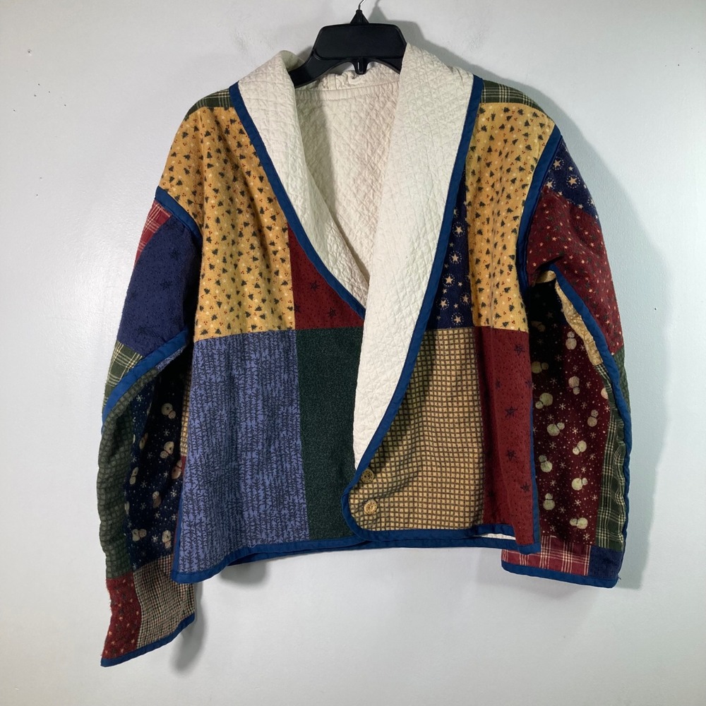 Womens‎ Handmade Patchwork Quilted Flannel Jacket M Snowman Stars